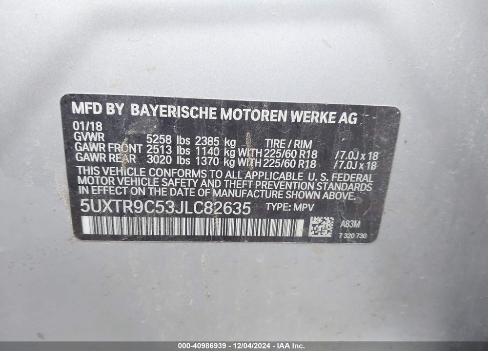 2018 BMW X3 XDRIVE30I VIN: 5UXTR9C53JLC82635