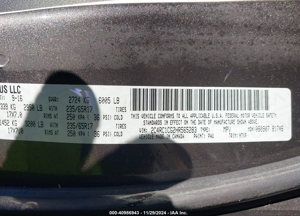 2017 CHRYSLER PACIFICA LX VIN: 2C4RC1CG2HR565283