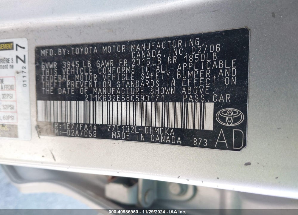 2006 TOYOTA MATRIX VIN: 2T1KR32E56C590171