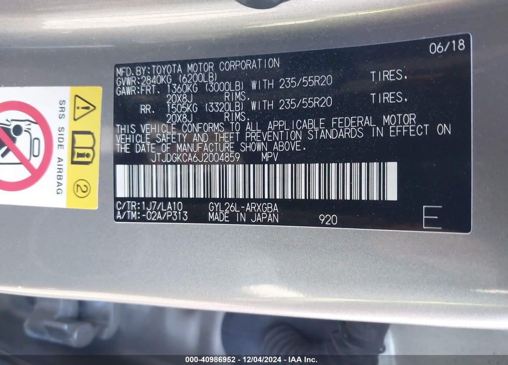 2018 LEXUS RX 450HL LUXURY VIN: JTJDGKCA6J2004859