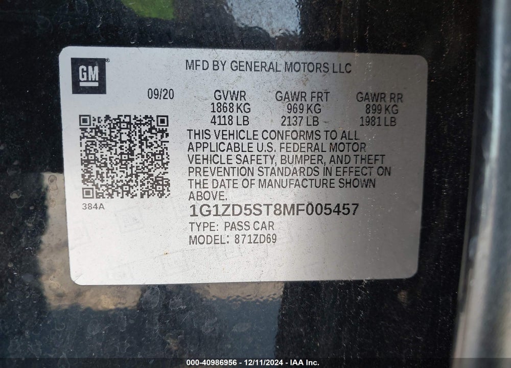 2021 CHEVROLET MALIBU FWD LT VIN: 1G1ZD5ST8MF005457