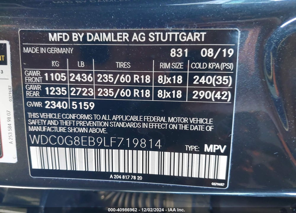 2020 MERCEDES-BENZ GLC 300 4MATIC VIN: WDC0G8EB9LF719814
