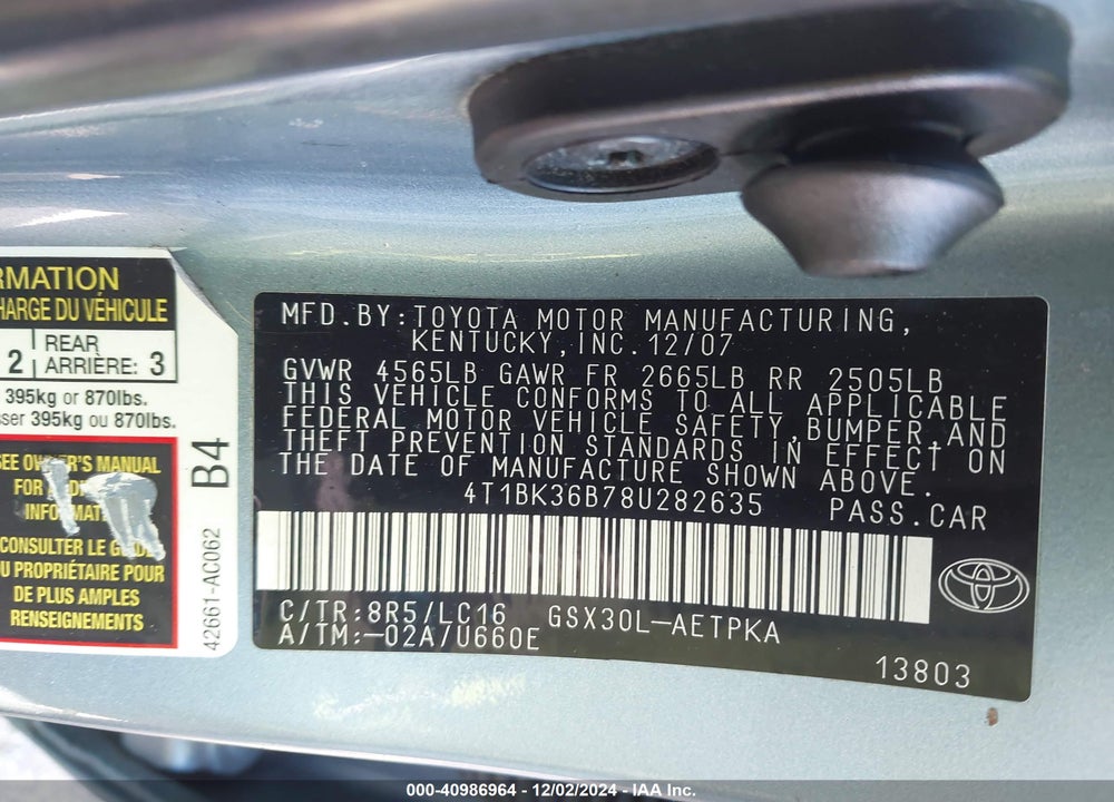 2008 TOYOTA AVALON LIMITED VIN: 4T1BK36B78U282635