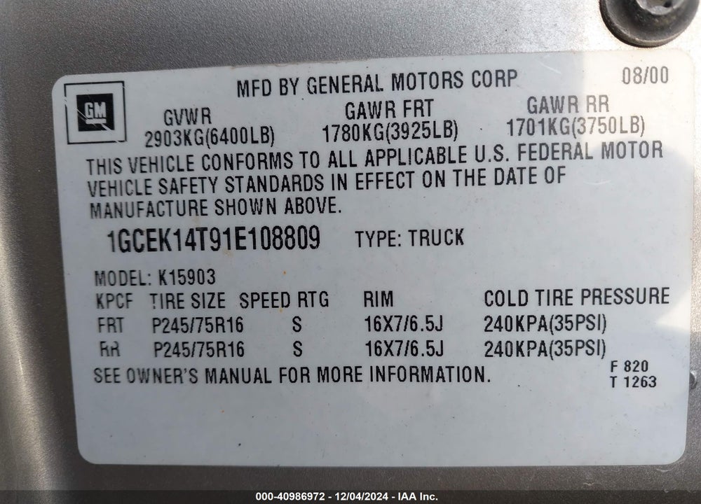 2001 CHEVROLET SILVERADO 1500 LS VIN: 1GCEK14T91E108809
