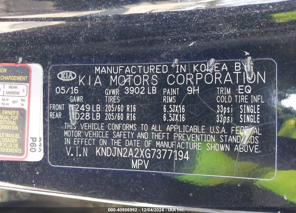 2016 KIA SOUL VIN: KNDJN2A2XG7377194