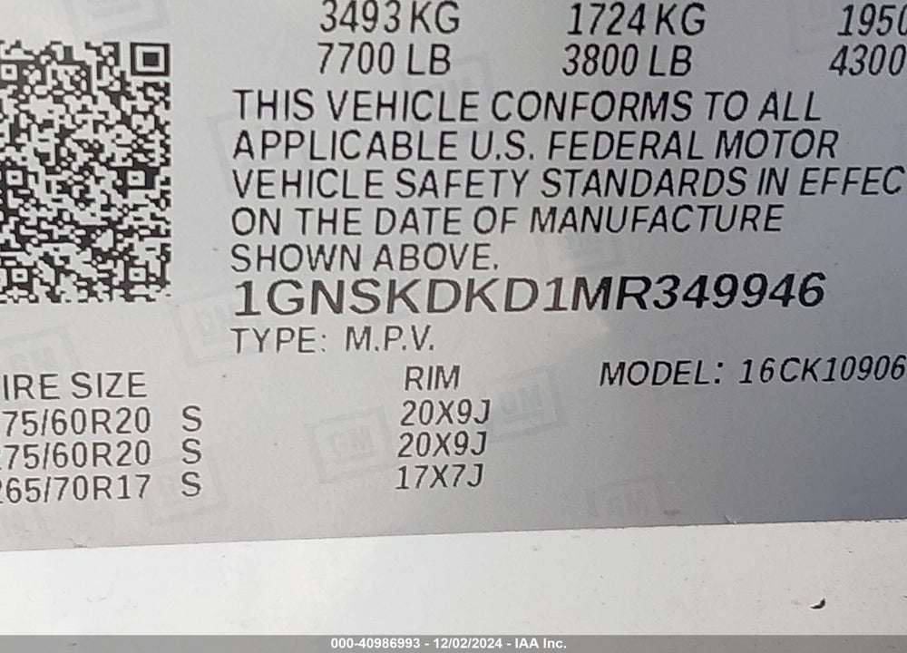 2021 CHEVROLET SUBURBAN 4WD Z71 VIN: 1GNSKDKD1MR349946