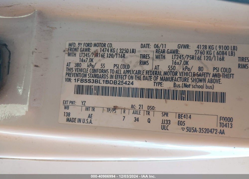 2011 FORD E-350 SUPER DUTY XL VIN: 1FBSS3BL1BDB25424
