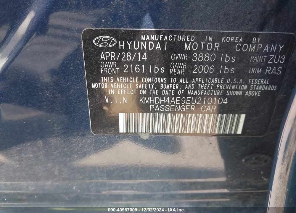2014 HYUNDAI ELANTRA VIN: KMHDH4AE9EU210104