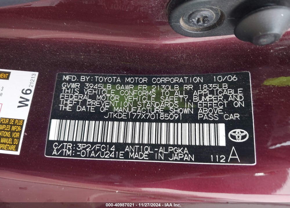2007 SCION TC VIN: JTKDE177X70185091