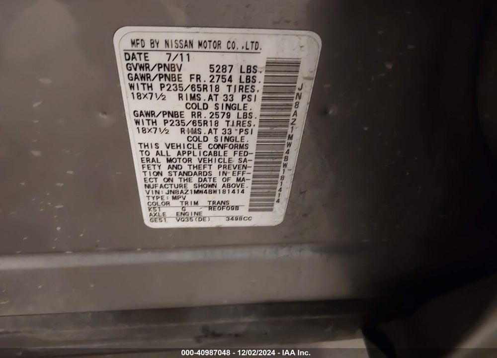 2011 NISSAN MURANO SL VIN: JN8AZ1MW4BW181414
