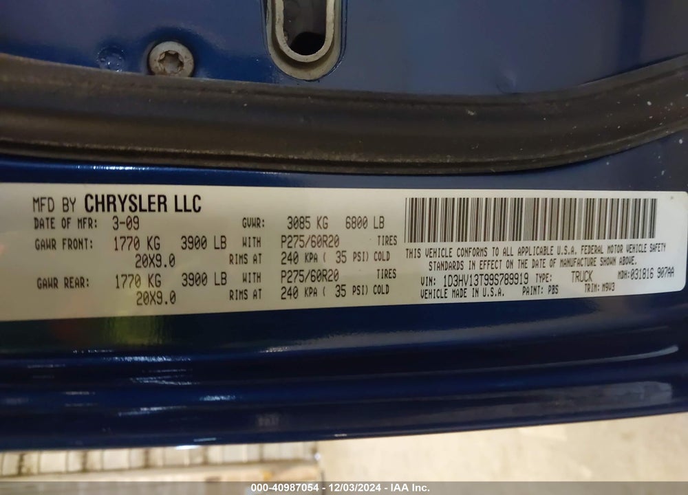 2009 DODGE RAM 1500 VIN: 1D3HV13T99S789919