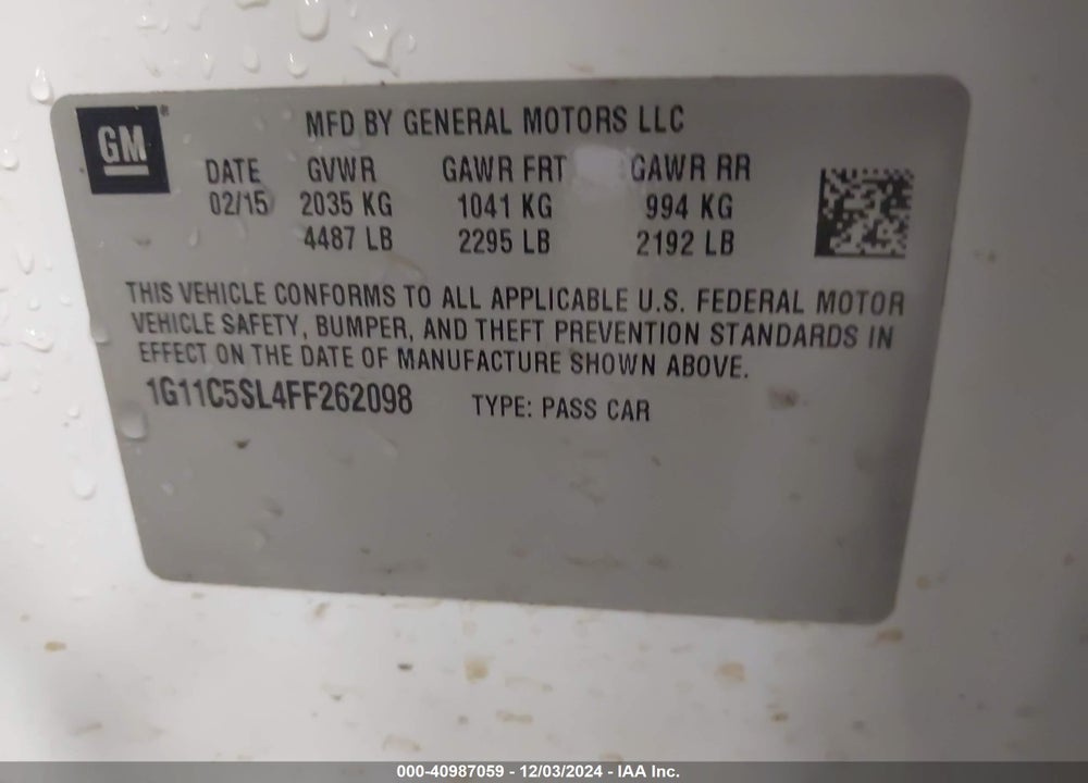 2015 CHEVROLET MALIBU 1LT VIN: 1G11C5SL4FF262098