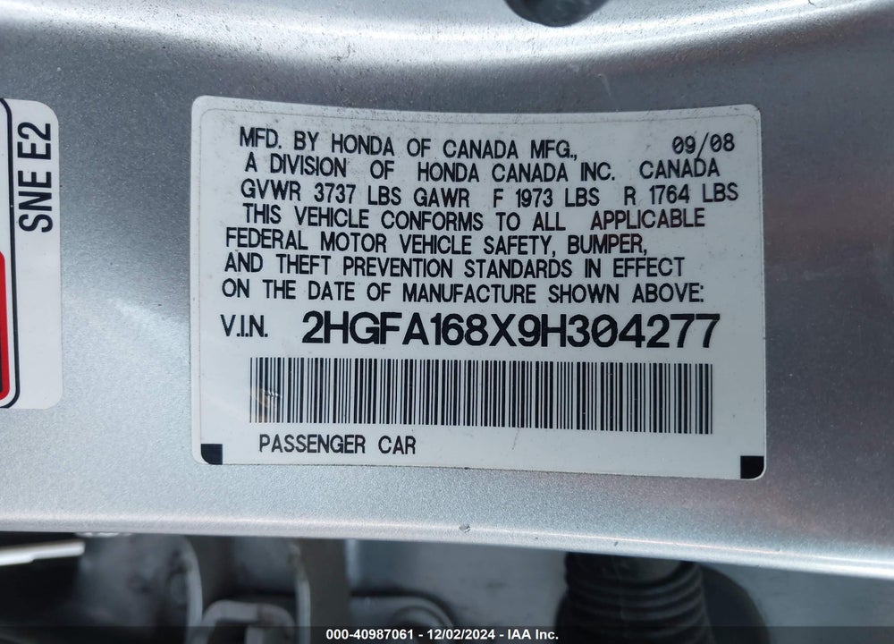 2009 HONDA CIVIC EX VIN: 2HGFA168X9H304277