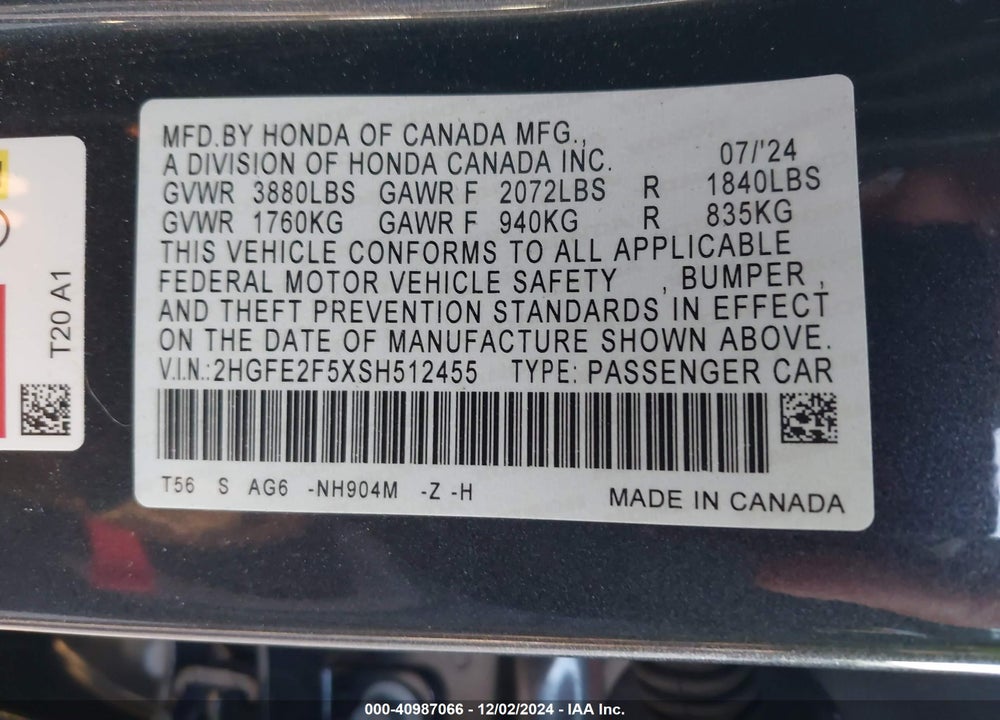 2025 HONDA CIVIC SPORT VIN: 2HGFE2F5XSH512455