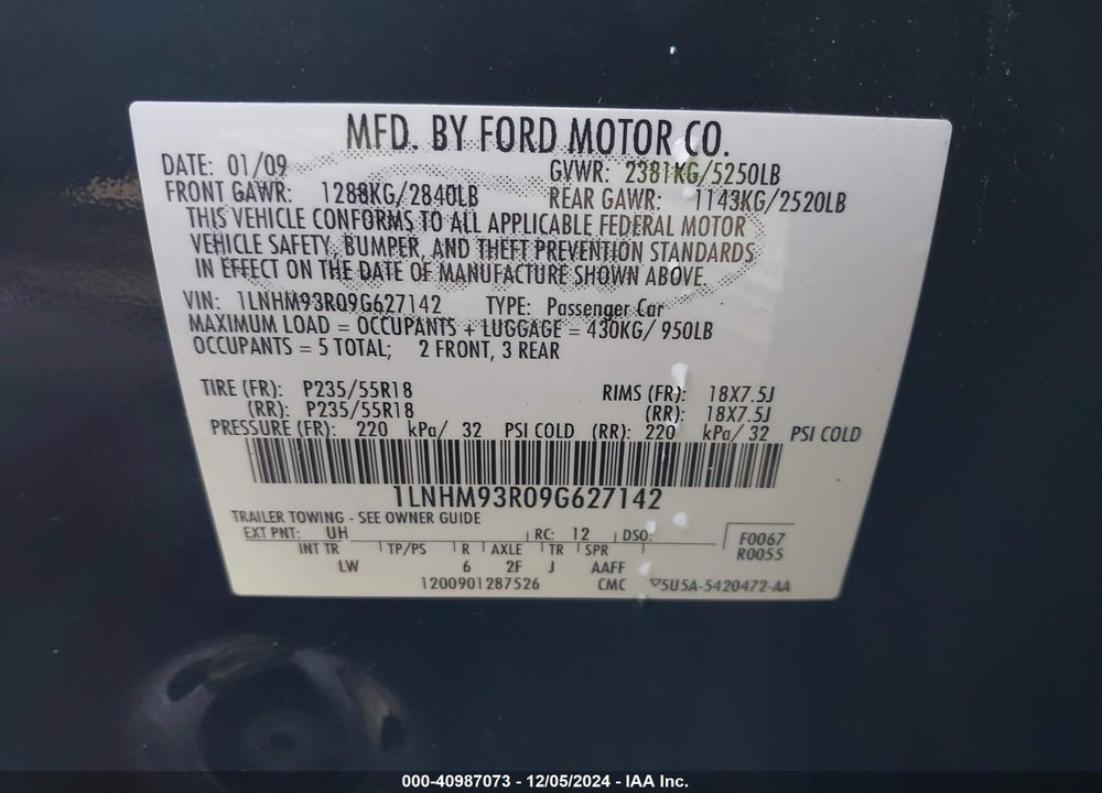 2009 LINCOLN MKS VIN: 1LNHM93R09G627142