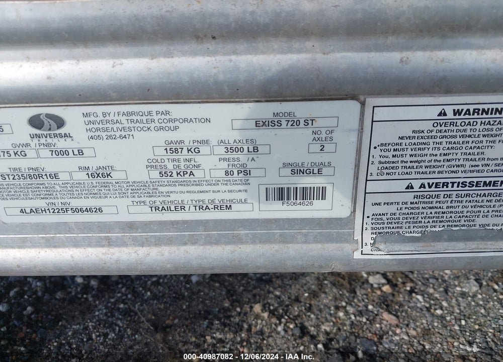 2015 EXXISS ALUMINUM TRAILERS UNKNOWN VIN: 4LAEH1225F5064626