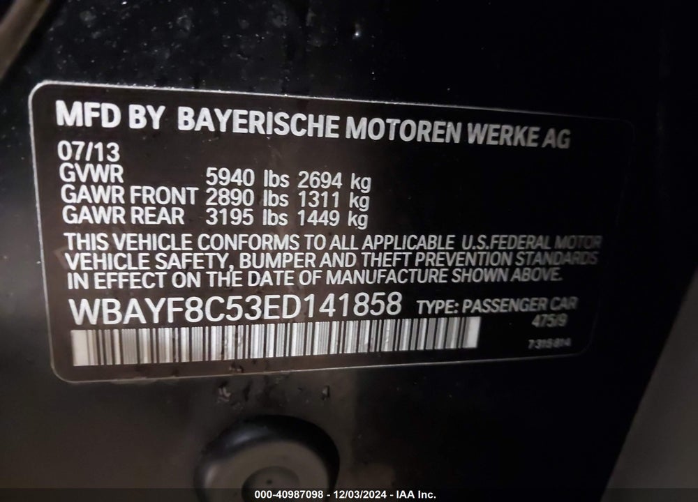 2014 BMW ALPINA B7 VIN: WBAYF8C53ED141858