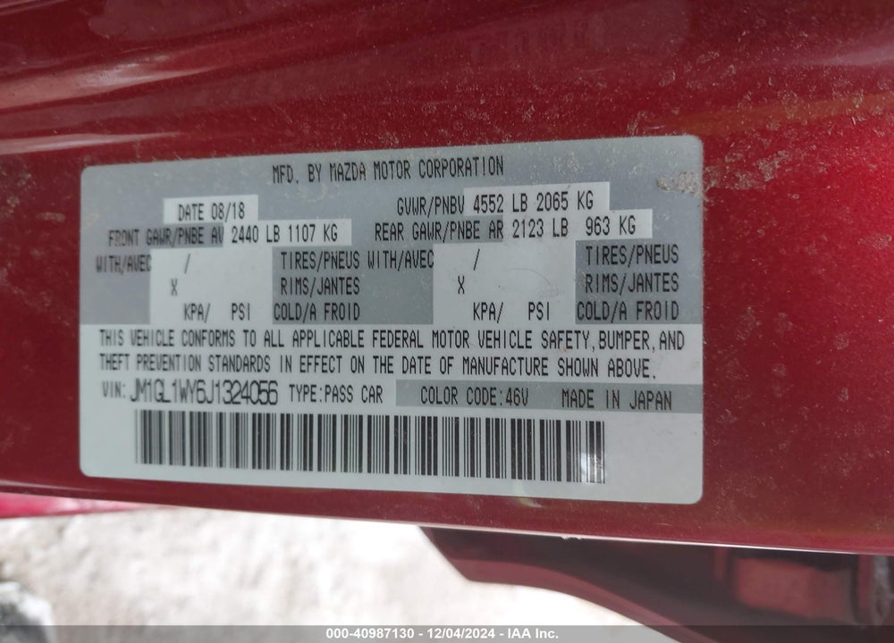2018 MAZDA 6 GRAND TOURING RESERVE VIN: JM1GL1WY6J1324056