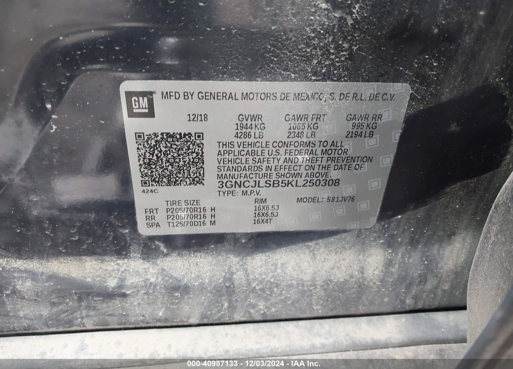 2019 CHEVROLET TRAX LT VIN: 3GNCJLSB5KL250308
