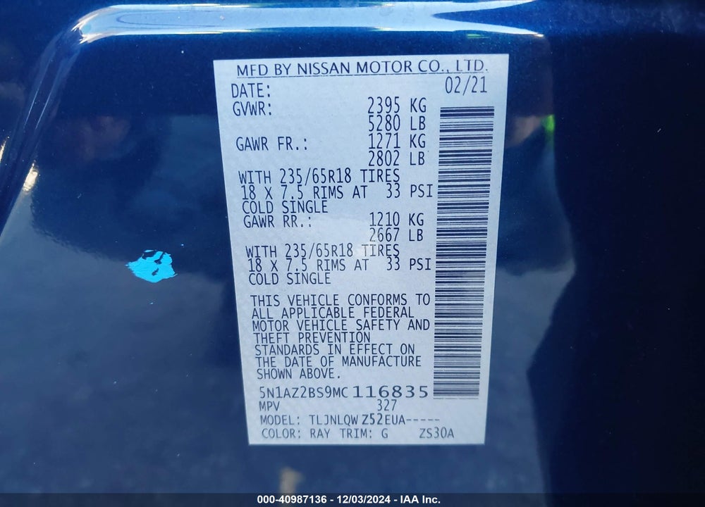 2021 NISSAN MURANO SV INTELLIGENT AWD VIN: 5N1AZ2BS9MC116835