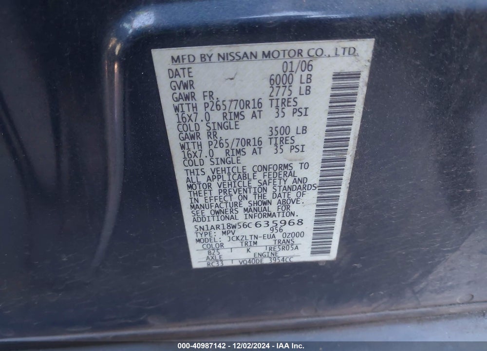 2006 NISSAN PATHFINDER SE VIN: 5N1AR18W56C635968