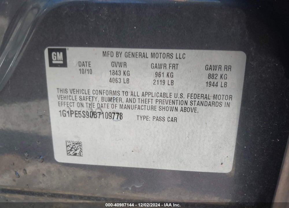 2011 CHEVROLET CRUZE LT VIN: 1G1PE5S90B7109778