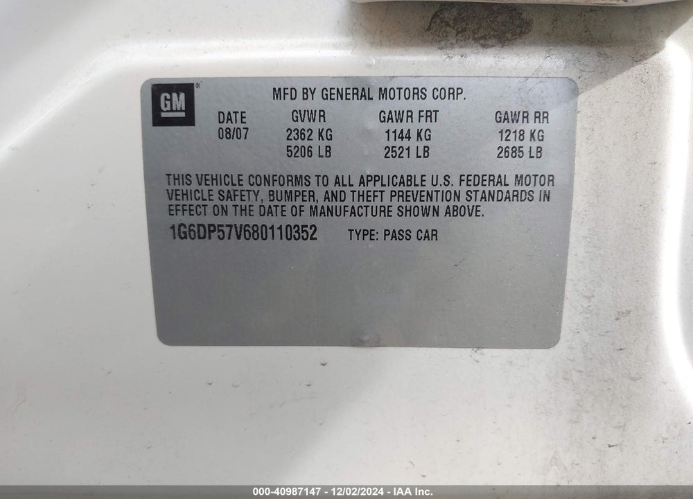2008 CADILLAC CTS STANDARD VIN: 1G6DP57V680110352