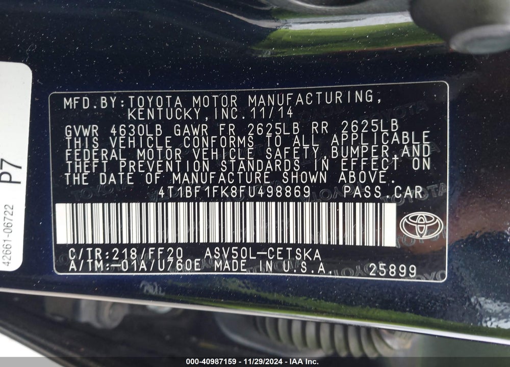 2015 TOYOTA CAMRY SE VIN: 4T1BF1FK8FU498869