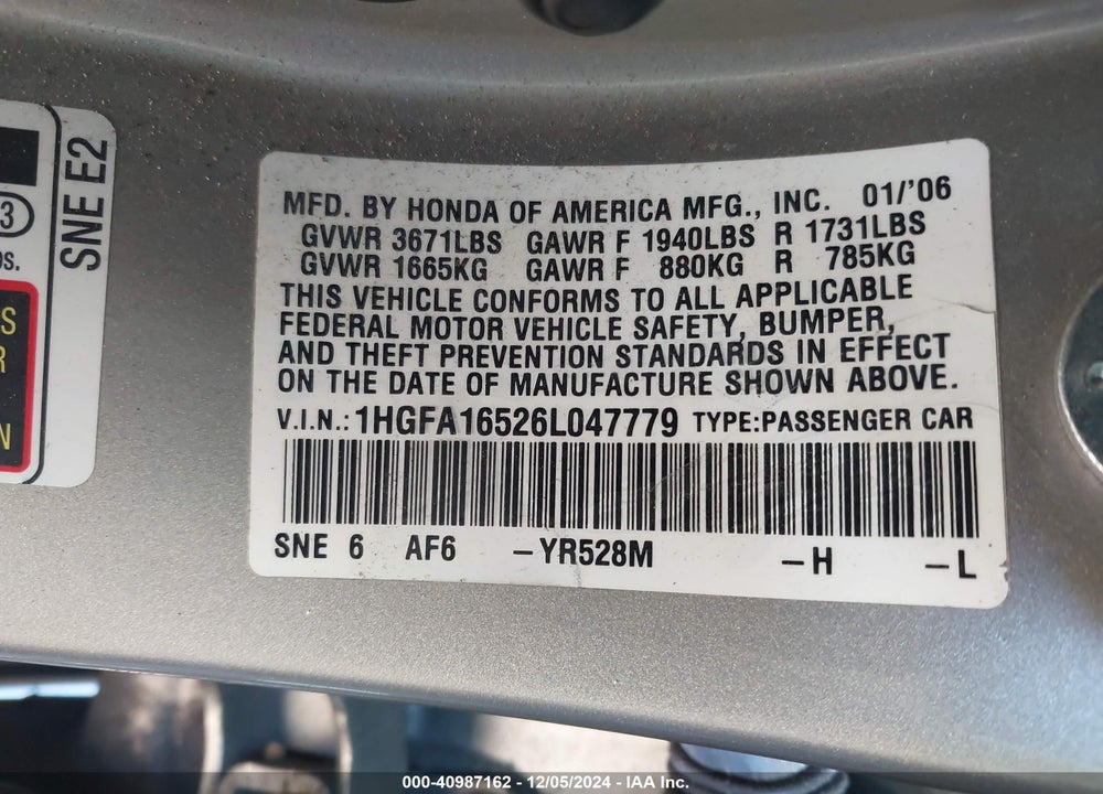 2006 HONDA CIVIC LX VIN: 1HGFA16526L047779