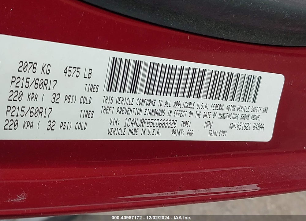 2012 JEEP PATRIOT LATITUDE VIN: 1C4NJRFB5CD683326