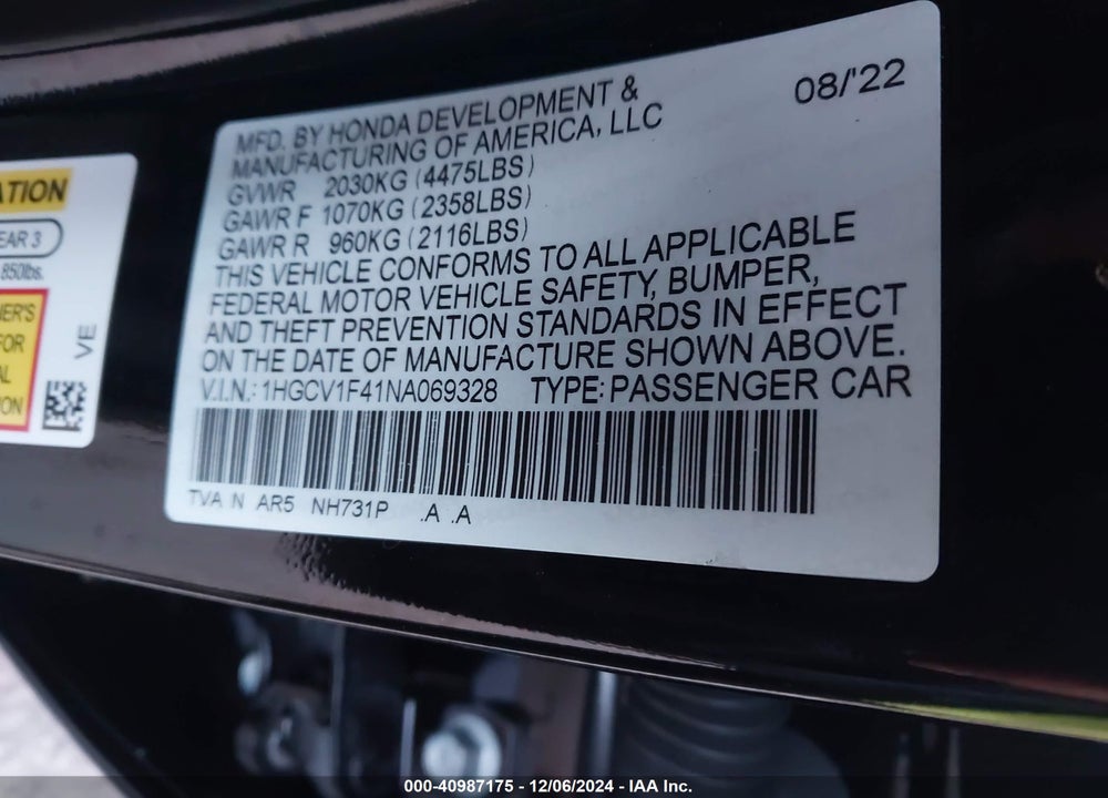 2022 HONDA ACCORD SPORT SPECIAL EDITION VIN: 1HGCV1F41NA069328
