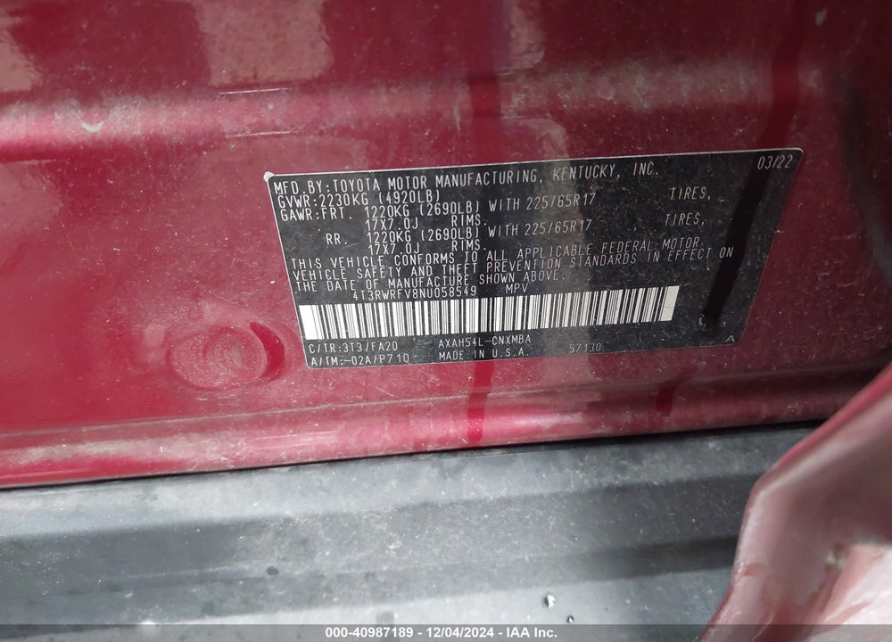 2022 TOYOTA RAV4 HYBRID XLE VIN: 4T3RWRFV8NU058549