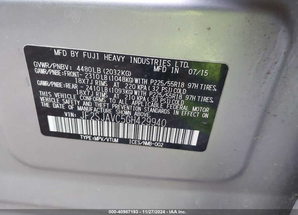 2016 SUBARU FORESTER 2.5I TOURING VIN: JF2SJAVC5GH429940