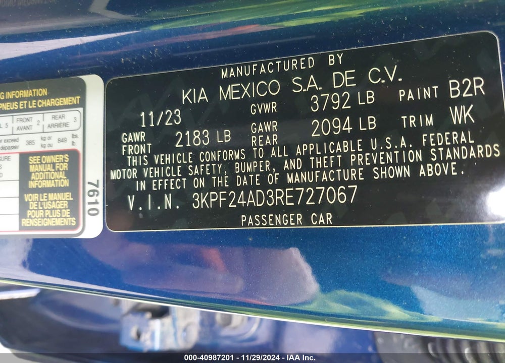 2024 KIA FORTE LXS VIN: 3KPF24AD3RE727067