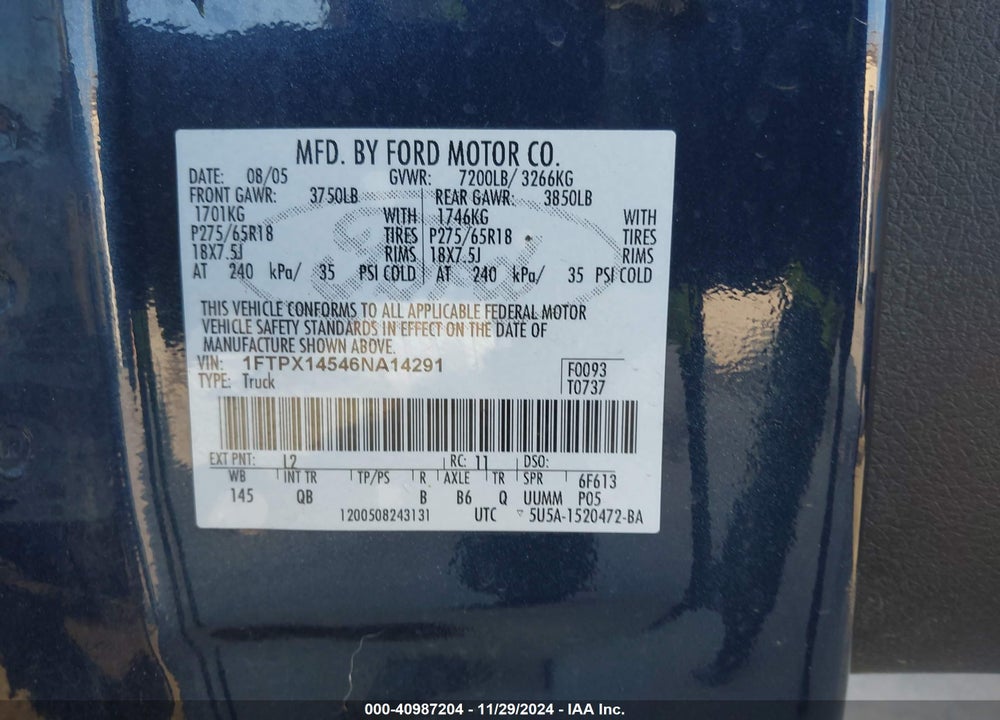 2006 FORD F-150 FX4/LARIAT/XL/XLT VIN: 1FTPX14546NA14291