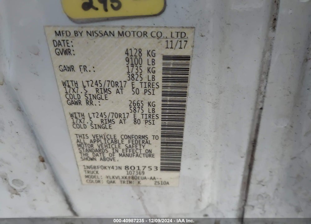 2018 NISSAN NV CARGO NV2500 HD SV V6 VIN: 1N6BF0KY4JN801753