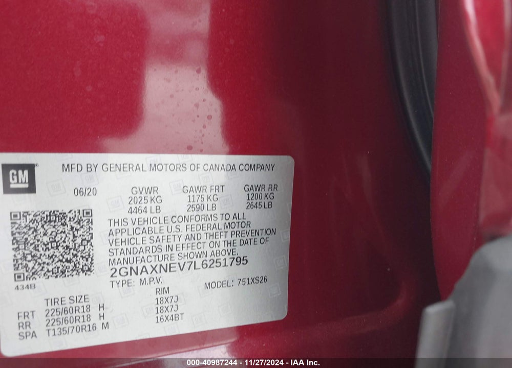 2020 CHEVROLET EQUINOX FWD PREMIER 1.5L TURBO VIN: 2GNAXNEV7L6251795