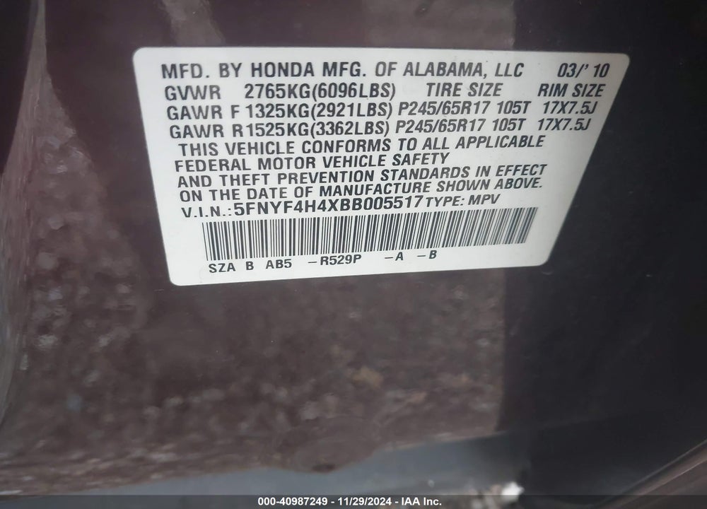 2011 HONDA PILOT EX VIN: 5FNYF4H4XBB005517
