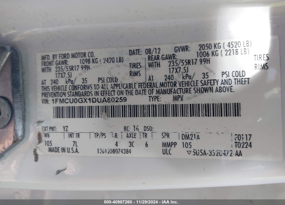 2013 FORD ESCAPE SE VIN: 1FMCU0GX1DUA80259