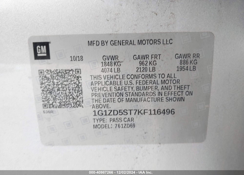 2019 CHEVROLET MALIBU LT VIN: 1G1ZD5ST7KF116496