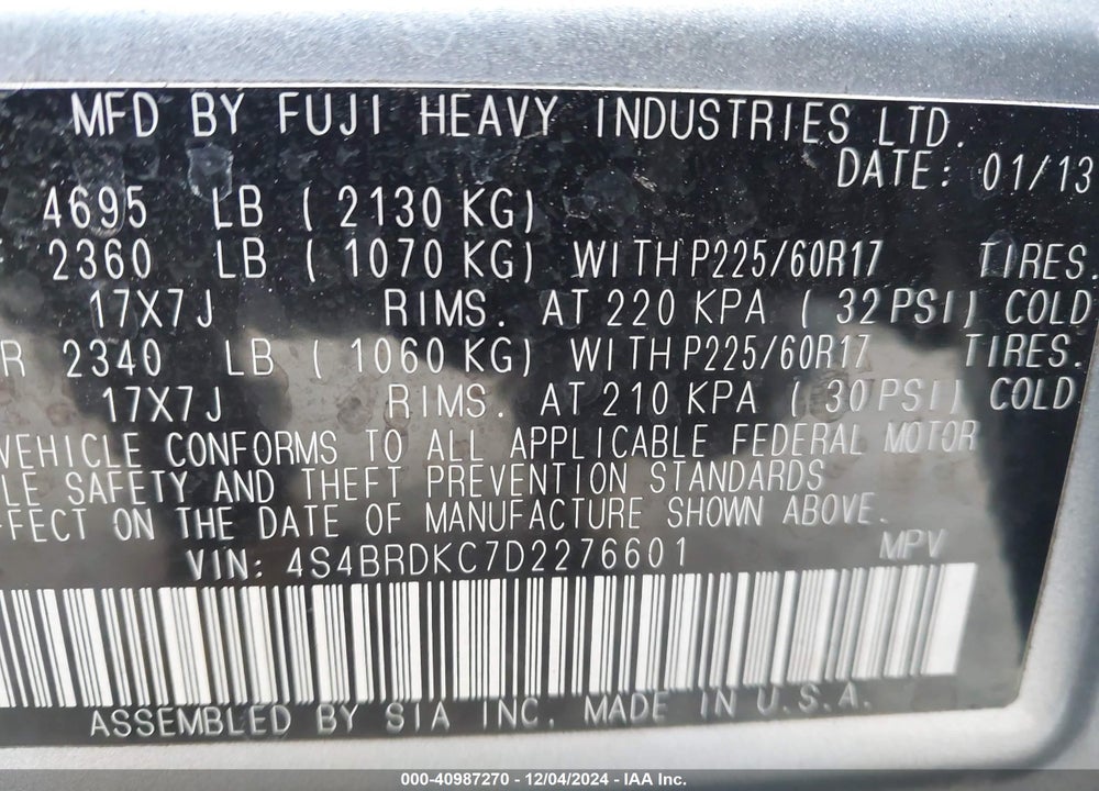 2013 SUBARU OUTBACK 3.6R LIMITED VIN: 4S4BRDKC7D2276601