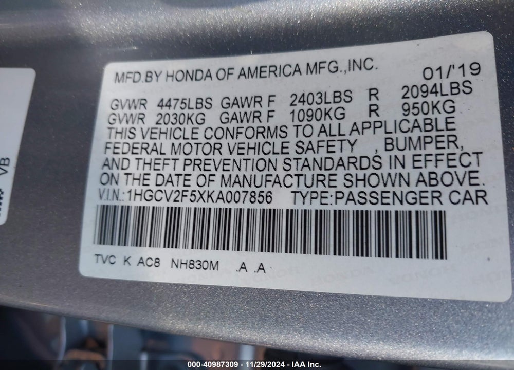 2019 HONDA ACCORD EX-L 2.0T VIN: 1HGCV2F5XKA007856