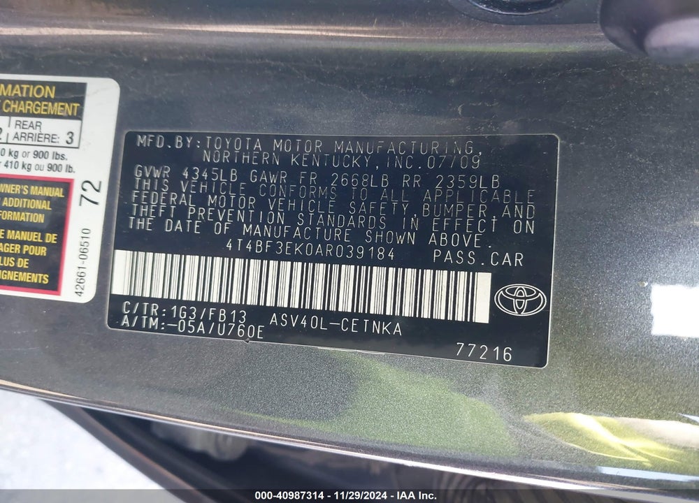 2010 TOYOTA CAMRY LE VIN: 4T4BF3EK0AR039184