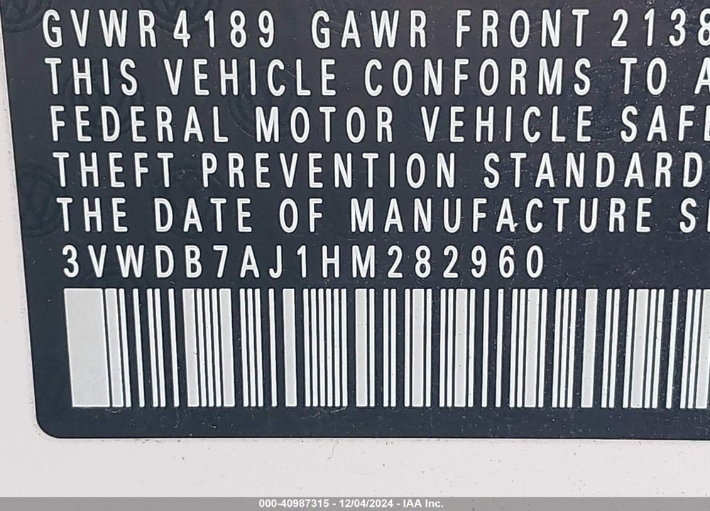 2017 VOLKSWAGEN JETTA 1.4T SE VIN: 3VWDB7AJ1HM282960