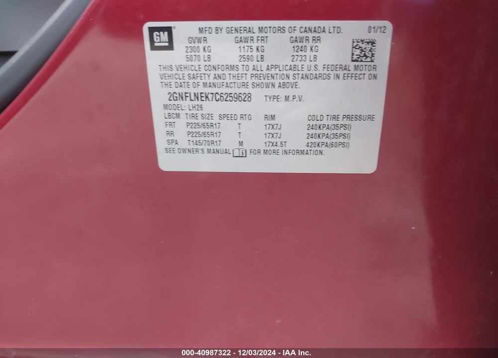 2012 CHEVROLET EQUINOX 2LT VIN: 2GNFLNEK7C6259628