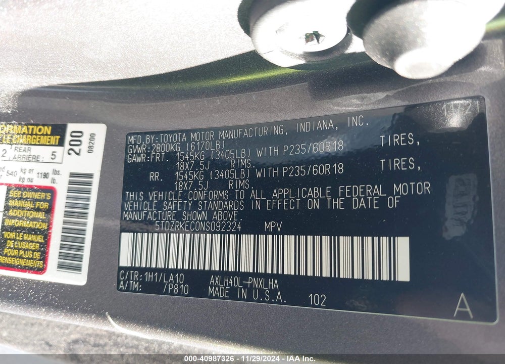 2022 TOYOTA SIENNA LIMITED VIN: 5TDZRKEC0NS092324