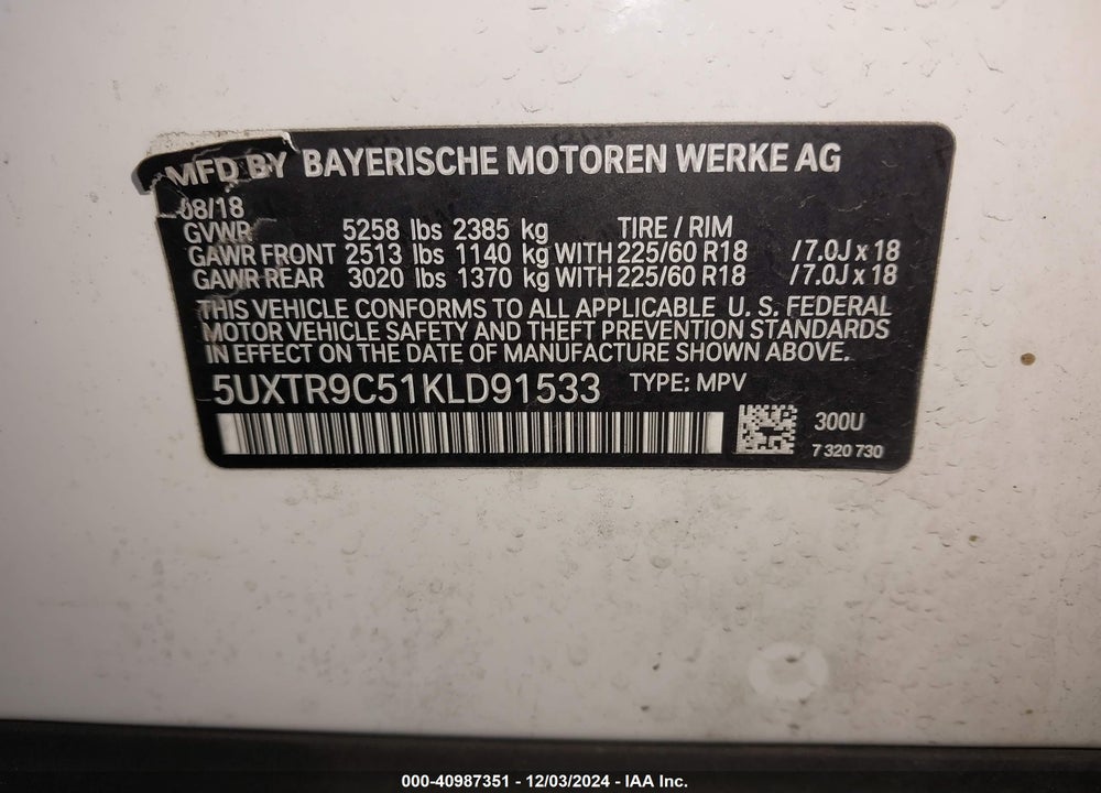 2019 BMW X3 XDRIVE30I VIN: 5UXTR9C51KLD91533