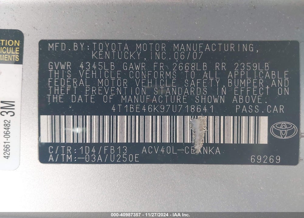 2007 TOYOTA CAMRY LE VIN: 4T1BE46K97U718641