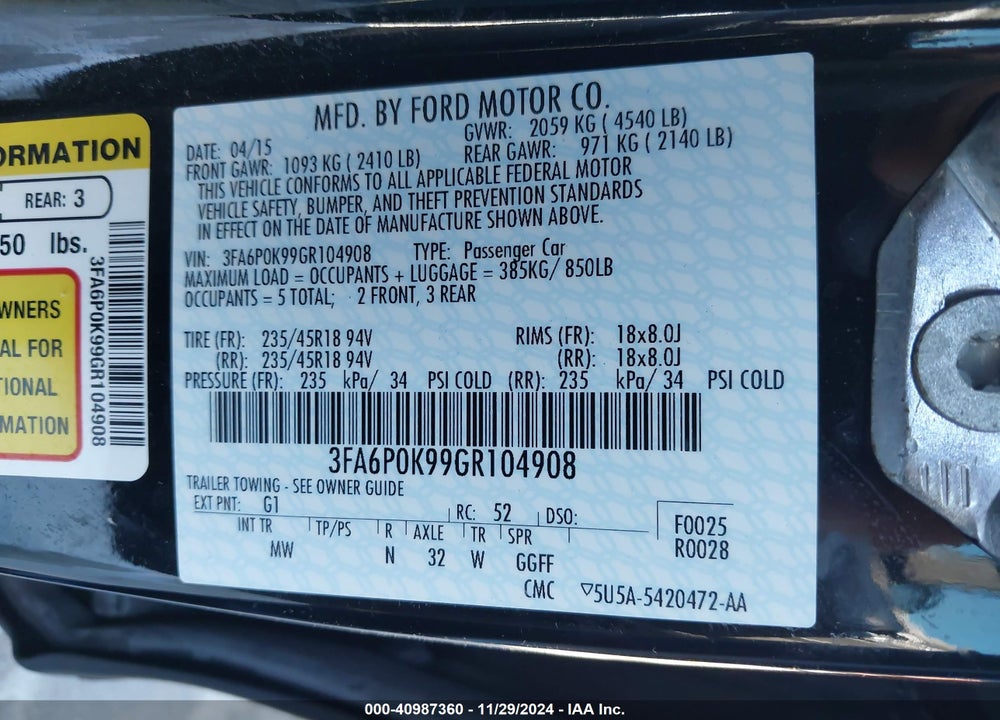 2016 FORD FUSION TITANIUM VIN: 3FA6P0K99GR104908