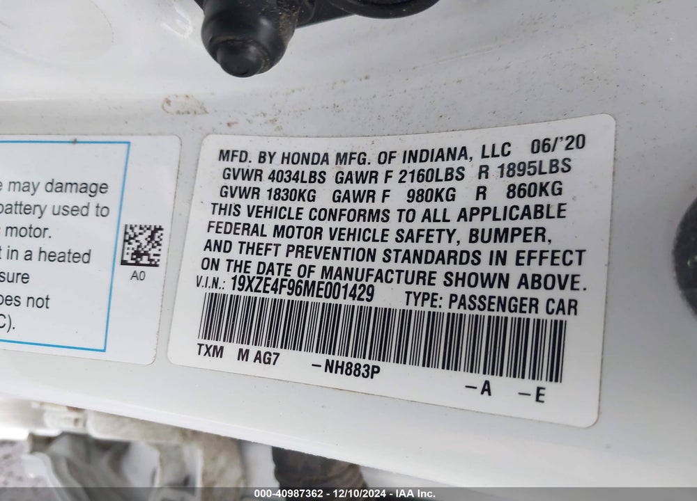 2021 HONDA INSIGHT TOURING VIN: 19XZE4F96ME001429